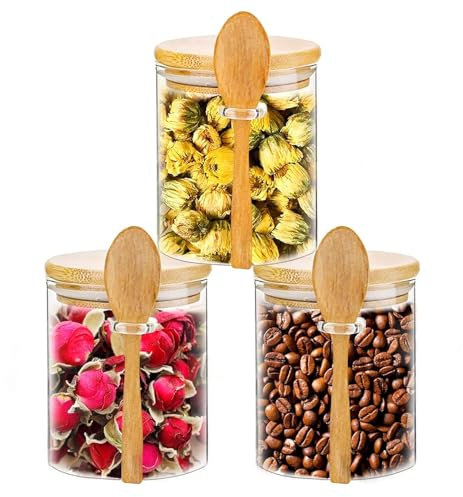 Tefola Glas Vorratsdosen mit Bambusdeckel und Löffel, 600ml, 3er Set, 8,5 x 12 cm, für Lagern Sie Kaffee, Tee, Badesalze und Zutaten
