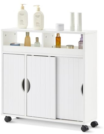LEMROE Armoire de Salle de Bain à 3 Portes avec étagère Ouverte, Meuble de Salle de Bain Mobile avec roulettes, Portes coulissantes, Armoire de Rangement (Blanc)