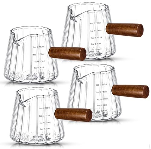 Jingmore 4 vasos de chupito espresso de 6 onzas/180 ml con mango de madera, accesorios para espresso, espumador de leche de boquilla individual, taza medidora con escala transparente, resistente al