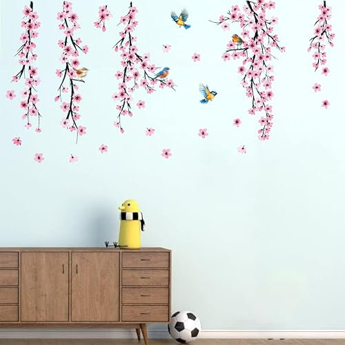 Calcomanías de pared de flores de cerezo con pájaros, calcomanías de ramas florales rosas, decoraciones de pared de naturaleza