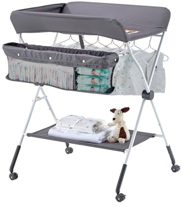 VEVOR Fasciatoio per Neonati, Fasciatoio Pieghevole con Cestino Laterale Portatile ad Altezza Regolabile con Ruote Bloccabili, Organizzatore Multifunzionale per Cameretta dei Bambini, Grigio Scuro