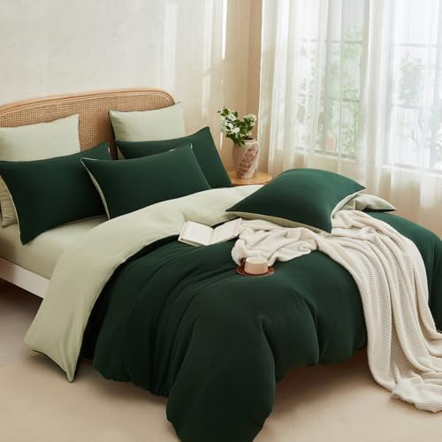 Boqingzhu Muslin Bettwäsche 155×220 cm Baumwolle Grün Dunkelgrün Hellgrün Sommerbettwäsche Leicht Kühlend Atmungsaktiv Wende Bettbezug Doppelbett und Kissenbezug mit Reißverschluss