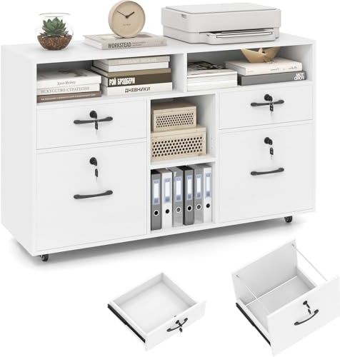 KOMFOTTEU Armadio raccoglitore con ruote, cassettiera da scrivania con serratura a 4 cassetti, supporto per stampante con ripiano regolabile per cartelle A4/Lettera per ufficio, 104 x 35 x 65,5 cm