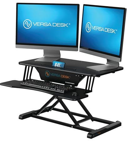 Electric Standing Desk Converter, Height Adjustable 32 Sit to Stand Riser, 2-Tier Desktop Workstation with Wide Keyboard Tray for Laptop and Dual Monitors, Black