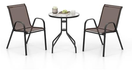 GOPLUS Bistro Set 3 teilig, Ø60cm Bistrotisch mit 2 Stühle stapelbar, Balkonmöbel inkl. Glastisch & Bistrostühle, Gartenmöbel Balkonset, Sitzgruppe Outdoor für Garten Balkon Hof Balkon (Braun)