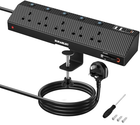 SURAIELEC Desk Extension Lead, 5 Way Power Socket with PD 20W USB-C Cable | PD20W fast charging, clamp mount, individual switches and surge protection for home and office desks