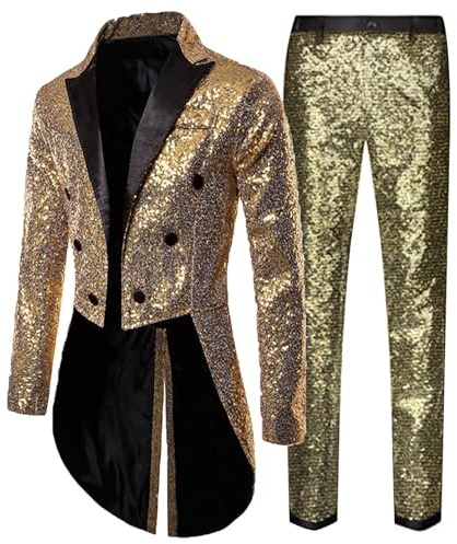 Celanisai Herren Glitzer Anzug Mit Pailletten Smoking 2 Teilig Gold Frack Jacke Herrenanzug Für Party Abschlussball Slim Fit Jacke Hose Set Business Fasching Kostüm Karneval Cosplay Outfit