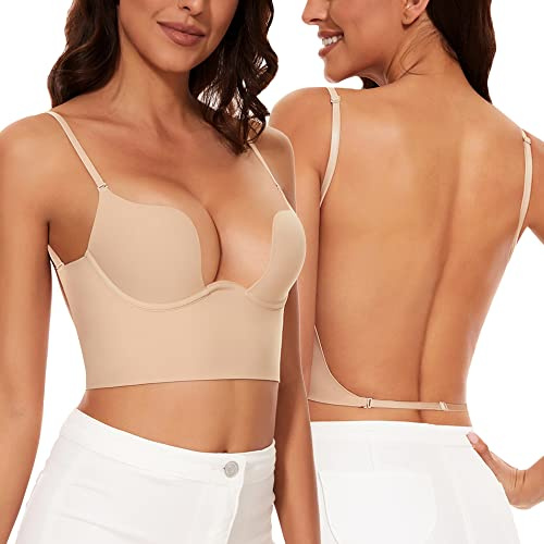 Willuhwisly Femme Soutien-Gorge Dos Nu, Multi-Positions Décolleté Profond sans Couture Soutien-Gorge Convertible Dos Nu(Nude, 95B)