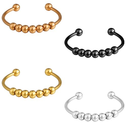 Ainiv 4 Stück Anxiety Ring, Fidget Stressring Damenring | mit Beweglichen Perlen, Verstellbaren Größen Erhältlich für Frauen Geschenk - Schwarz, Silber, Gold, Roségold