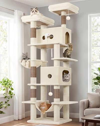 Globlazer S80B Árbol Rascador Beige XXL 204 cm Estable para 3-5 Grand Gatos | Estable Multinivel Rascador con 2 Grande Nidos, 2 Acolchada Plataforma, Hamaca, Cesta, para Múltiple Gatos Adultos Interior