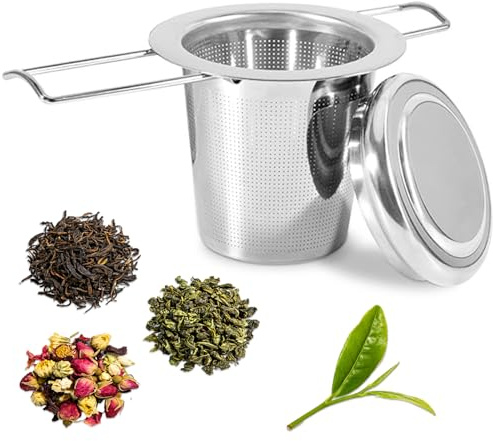 Teesieb Mit Deckel,Teesieb aus Edelstahl 304 mit Griff und Abtropfschale Feinmaschiger Teefilter zum Aufhängen über Teekannen,Tassen und Bechern,Teesieb für Losen Tee