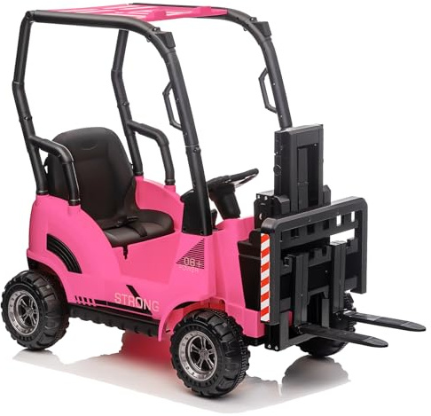 ZoomBuggy 12V Kinder Elektro Gabelstaple, Mit Hebefähiger Gabel Und Palette, Fernbedienung Für Eltern, Musik, USB, MP3, Hoch/Tief Geschwindigkeit, Sicheres Elektroauto Für Ab 3 Jahre (Rosa)