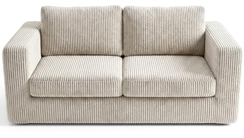 RUMMY 2-Sitzer Sofa aus Cord, kleines rahmenloses Sofa mit Cloud-Sofa-Komfort, hochelastischem Schaumstoff, Kompressionssofa und Bodensofa für Wohnzimmer, Elfenbeinweiß