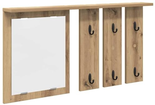 Yamxder Wandgarderobe mit Spiegel und Ablage, Garderobenpaneel Artisan-Eiche, Wandmontierter Kleiderständer mit Metallhaken für Flur und Eingangsbereich, Kompakte Flurgarderobe, 85x10x45 cm