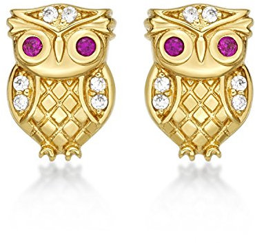 Diamond Treats Niedliche goldene Eulen-Ohrringe für Damen. Goldohrringe für Damen und Mädchen mit Eulenmotiv, mit rosa und weißen Zirkonia-Steinen, süße vergoldete Ohrstecker Silber 925