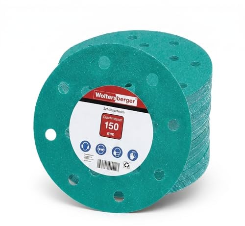 Woltersberger® 50 pièces Disques Abrasifs Vert │ 15 trous │ Ø 150 mm │ grain 100 │ pour ponceuses orbitales aléatoires │ feuilles abrasives │ papier de verre