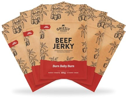 Grizzly Foods • Beef Jerky Burn Baby Burn (10 x 100g) • Trockenfleisch Eiweiß Snacks • Rindfleisch aus Deutschland • High Protein Snack für Gym, Fitness, Outdoor, Office