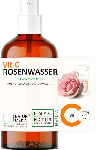 Vitamin C ROSENWASSER 100-ml ESSBAR 100% naturrein Rosa damascena Blüttenwasser mit Vitamin C ohne Zusatzstoffe Spray Glasflasche NATURMEDIN®