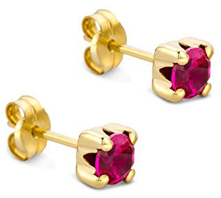 Orovi Damen Goldschmuck mit Edelstein Solitaire Ohrstecker mit Rubin in Krappenfassung/Gelbgold 9 Karat (375) / Roter Edelstein, Geburtsstein, rund