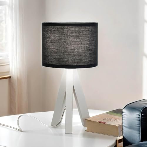 Easylight Tischlampe Dreibein Holz Stoff E14 Weiß Anthrazit Tischleuchte Nachttisch