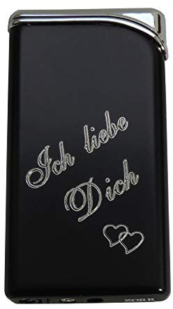 Superflaches Gas-Feuerzeug (matt Schwarz) mit Gravur Ich Liebe Dich inklusive Rückseitengravur (Vorname oder Datum) Gasfeuerzeug, nachfüllbar