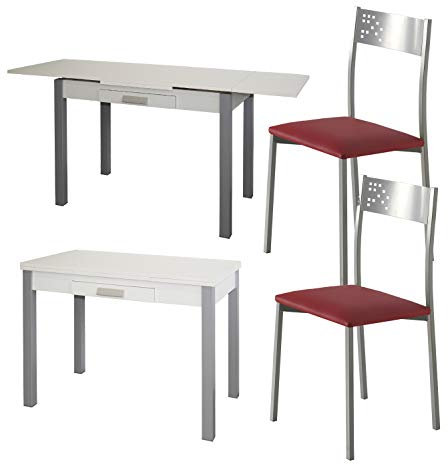 MOMMA HOME Conjunto de Mesa y 2 Sillas Color Rojo - Ideal para Cocina - Mesa Extensible Modelo Silanta, Silla Modelo Tabarca - con Encimera de Madera - Sillas en Polipiel - Diseño Moderno