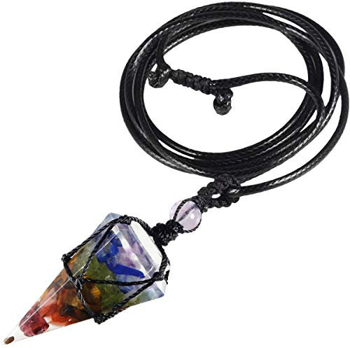KYEYGWO 7 Chakra Stein Sechseckiger Kristall Anhänger Halskette mit Einstellbarem Lederseil, Polierte Quarz Spitz Stein Heilung Reiki Pendel Kette für Damen, Herren und Unisex