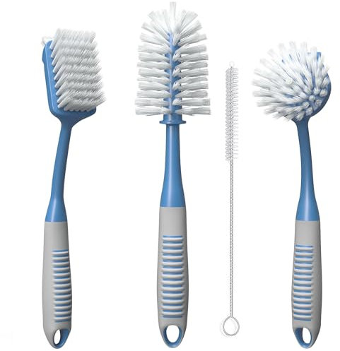 Dish Brush Set of 4 - Kitchen Scrub Brushes with Non-Slip Long Handle for Cleaning, Scrubber, Dishwashing, Dishes, Bottles, Straws, Cups, Pots & Sink, Blue