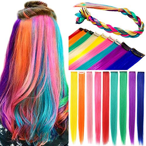 FYHTSD Rainbow Hair Extensions Colored Hair Extensions Clip In/On for Girls Hair Accessories Wig Pieces for Women Teens