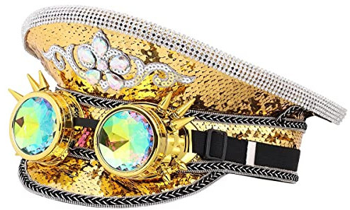 GRACEART Damen Burning Man Pailletten Hut Musik Festival Militär Kapitän Hüte Steampunk Caps mit Brille
