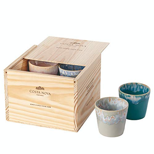 Costa Nova Geschenkset Grespresso: 8 Steinzeug-Tassen mit reaktiver Glasur, Handveredelt in Portugal, Stapelbare Lungo Becher in edler Holzbox, Spülmaschinenfest, Mehrfarbig, ⌀ 8 cm