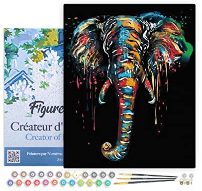 Figured'Art Peinture par Numéro Adulte avec Cadre Peinture Elephant - Activité Manuelle Kit de Loisir Créatif DIY Numéro d'Art Complet - 40x50cm toile tendue sur châssis