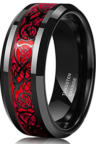 Zakk Ringe Herren Damen Wolframcarbid Schwarz Rot Grün 8mm Breit Keltisch Drachen Verlobungsringe Trauringe Eheringe Freundschaftsringe (Rot,54 (17.2))