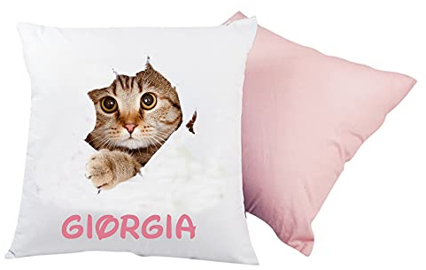 almatex Cuscino Personalizzato con Nome, 40x40, Sfoderabile e Lavabile con Morbida Imbottitura- Idea Regalo per Compleanno, Natale, (GATTO ROSA)