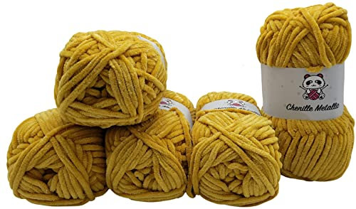 500 Gramm Ilkadim Chenille Metallic Strickwolle, Babywolle mit Glitzer, 5 x 100 Gramm Wolle Super Bulky (goldgelb 820-37)