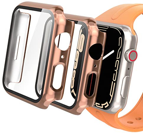 Hianjoo 2 PCS Cover con Vetro Temperato Compatibile per Apple Watch 41 mm Series 8 (2022)/Series7 (2021), Pellicola Proteggi Schermo PC Custodia Compatibile con Apple iWatch 41mm Series 8/7-Rosa Glod