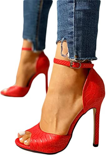 Minetom Damen Sommer Peep Toe Fischmaul High Heels Vintage Blumen Pumps Stiletto Absätze Mit Schnalle Sandalen Damenschuhe Absatzschuhe D Rot 42 EU