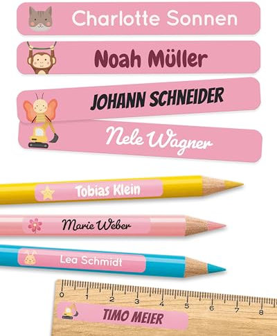 melu kids® Namensaufkleber Kinder für Schule & Kita (150 Stück) - Personalisierte Aufkleber mit Namen für Stifte und alle Schulsachen - Wasserfest in Spülmaschine (Rosa)