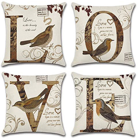 OCEUMACO Leinen Kissenbezug 45x45 Vintage Vogel Kissenhülle 4er Set Quadratisch Dekokissen Sofakissen Bezug für Couch Love Vögel Muster Kissen Kissenbezüge Deko Zierkissen Couchkissen - Braun