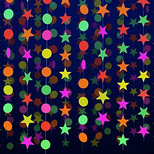 27,4 m Lange runde Neongirlande aus Papier, UV-Girlande, Sterne, Neon-Luftschlangen, Schwarzlicht-Dekorationen für leuchtende Partyzubehör und Dekorationen, UV-reagierende Neon-Partygeschenke,