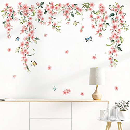 wondever Wandtattoo Hängende Rebe Rosa Blumen Wandaufkleber Schmetterling Wandsticker Wanddeko für Wohnzimmer Schlafzimmer Fenster Kinderzimmer