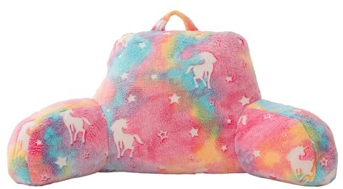 A Nice Night Einhorn-Plüsch-Lesekissen, leuchtet im Dunkeln, buntes Sternbett, Keil-Keil, Kinder-Rückenlehne mit Armen, Rückenstütze zum Sitzen im Bett/Couch für Bett/Couch für Bett