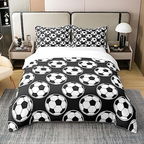 Homewish Fußball 100% Baumwolle Bettbezug 135x200 Fußballspieler Komfortbezug für Kinder Jungen Gaming Player Bettwäsche Set Spiele World Cup Schwarz Weiß Ball Bettbezug mit 1 Kissenbezug