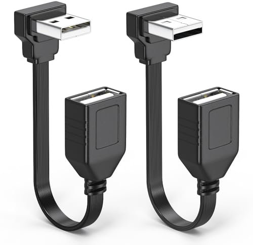 JUXINICE 2PCS 90 Degree USB2.0 Extension Cable Flat Right Angle Male to Female USB Cable, Soft 4 Inch-10CM UP Angle + Down Angle on Each, for Car Carplay