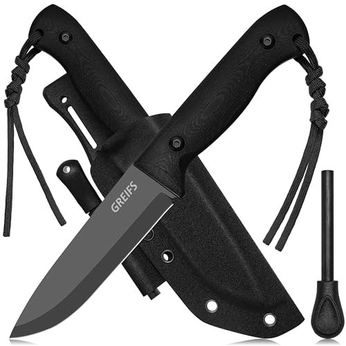 GREIFS® Outdoor-Messer aus D2 Stahl mit Kydex Holster und Feuerstahl, edles Survival Messer für die Bushcraft Ausrüstung, Jagdmesser, Schnitzmesser, Fahrtenmesser (BushMaster/Silber-Schwarz)