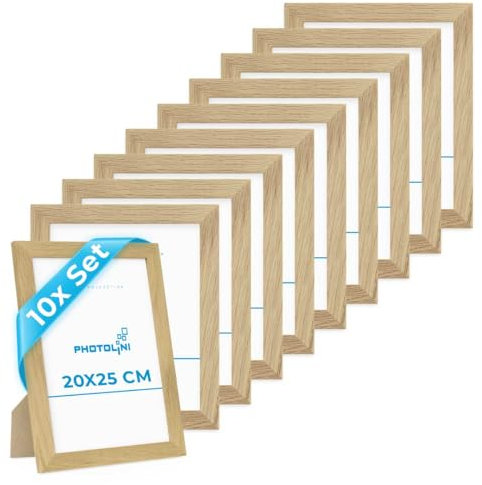 PHOTOLINI Bilderrahmen 20x25 cm Eiche Massivholz, breite Rahmen, 10er Set, modern, bruchsicheres Acrylglas, zum Aufhängen & Aufstellen, extra Zubehör - für Ihre stilvolle Wanddekoration