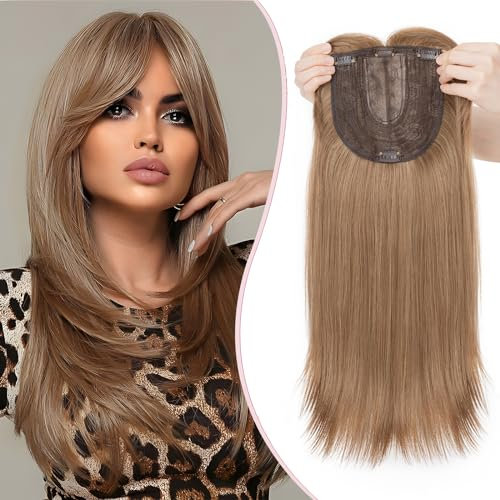 S-noilite Hair Toppers für Frauen,Toupet Toppers Haarverlängerung Haarteile Perücken mit Fransen,Haartopper Basis 15x15cm, Clip in Synthetischen Haarteile, Glatt 45cm 170g Honigblond Gemischt