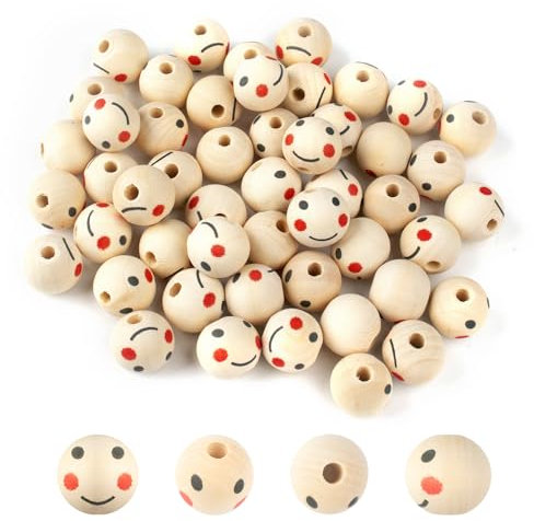 SUTOUG 80 Stück Smile Face Holzperlen, 20 mm Holzkugeln, runde Puppenkopfperlen mit 5 mm Lochabstandsperlen für DIY-Armband, Makramee, Halskette, Schmuck, Puppe