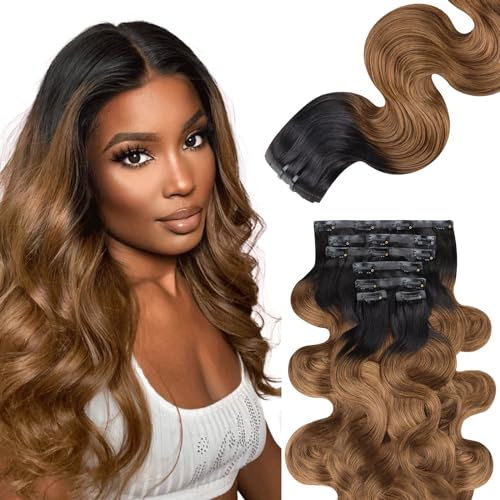 Lashey Clip in Extensions Echthaar Ombre Natürliches Schwarz bis Medium Auburn Gewellt Nahtlose Clip in Haarverlängerung 110g 7 Stück Remy Menschliches Haar 35cm(14 Zoll)