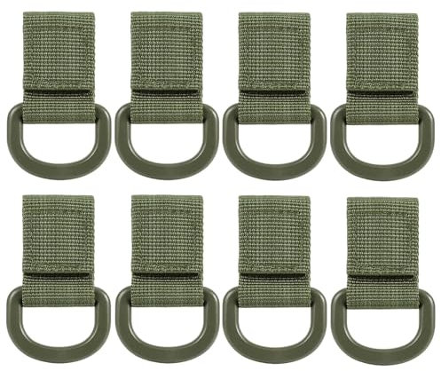 Peminkoo 8 x Taktische Multifunktions-Nylon-Molle-Gurtbänder, D-Ringe, Karabiner, magisches Klebeband, Schlüsselanhänger, Rucksack, Haken, MOLLE-Schnalle (Green)